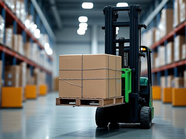 Forklifts operating inside a busy logistics facility