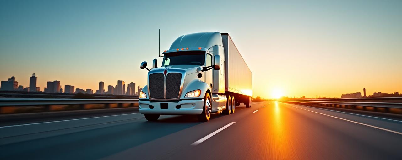 Modern heavy-duty transport truck on a Detroit highway at sunset